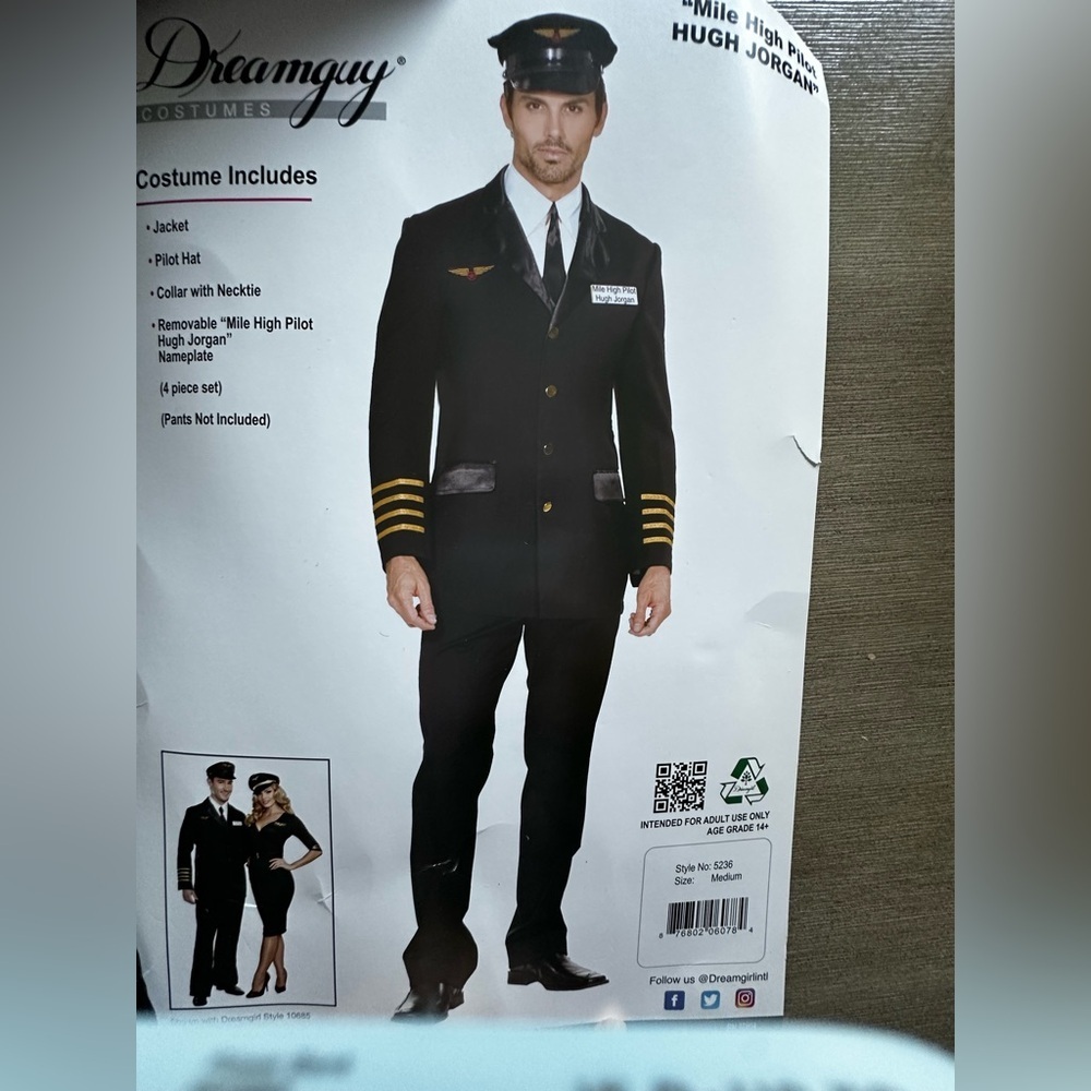 Dreamgirl Men's medium Black Captain Costume Jacket Hugh Jorgan